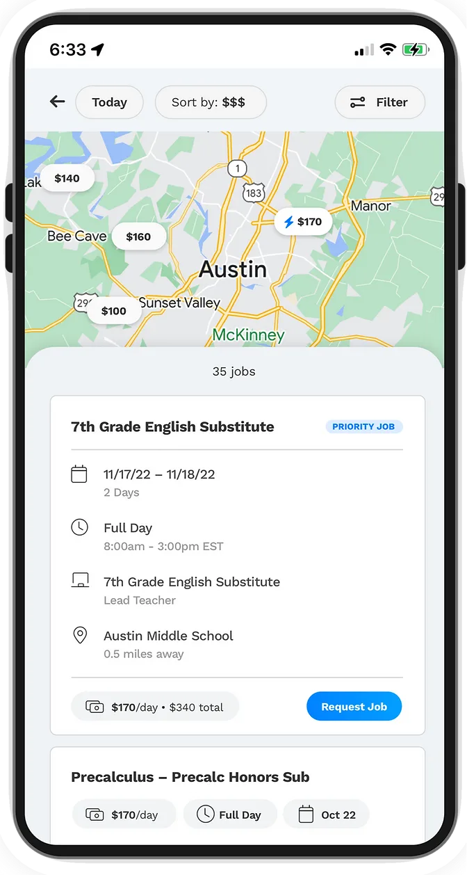 The HelloSubs app showing nearby jobs, schedule, and weekly pay